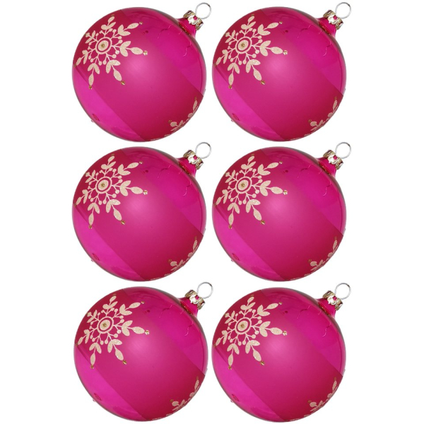 Thüringer Glasdesign Weihnachtsbaumkugel »Weihnachtskugel-Set Kristallblüten pink« (6 St), mundgeblasen, handdekoriert
