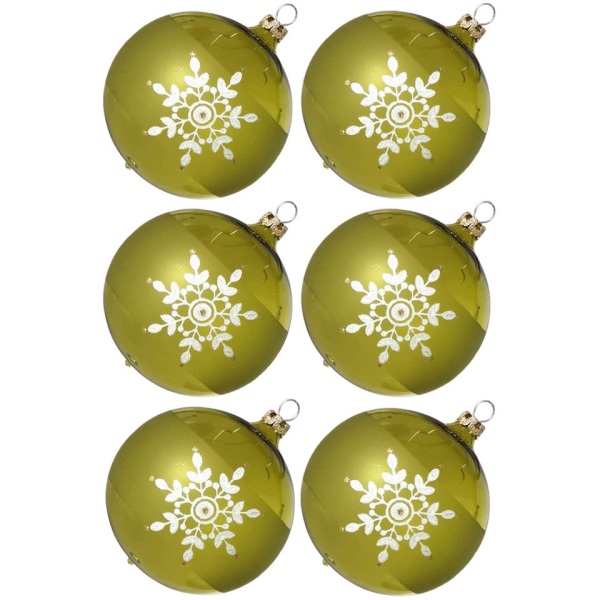 Thüringer Glasdesign Weihnachtsbaumkugel »Weihnachtskugel-Set Kristallblüten moosgrün« (6 St), mundgeblasen, handdekoriert