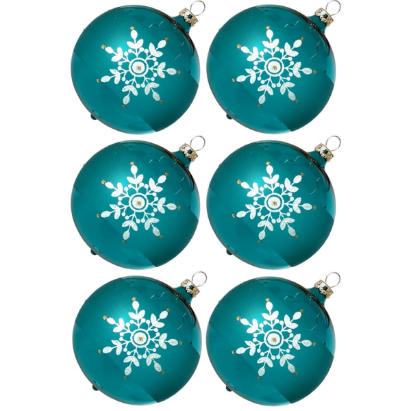 Thüringer Glasdesign Weihnachtsbaumkugel »Weihnachtskugel-Set Kristallblüten türkis« (6 St), mundgeblasen, handdekoriert