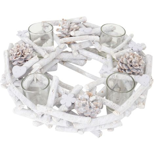 Tischkranz rund mit Teelichthaltern, Adventskranz Weihnachtsdeko Adventsgesteck, Holz Ø 30cm weiß-grau