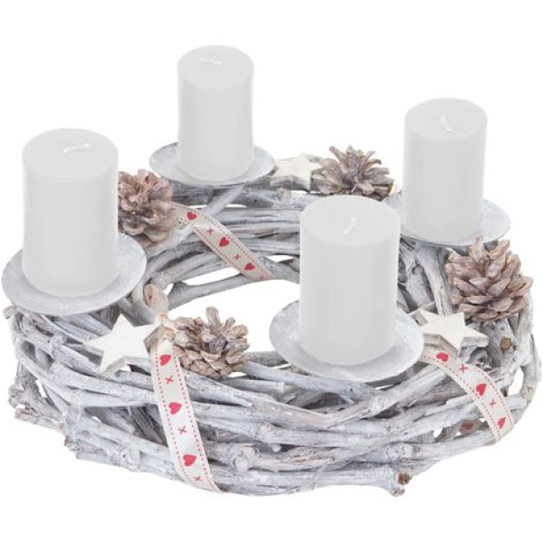 Tischkranz rund, Weihnachtsdeko Adventskranz, Holz Ø 30cm weiß-grau ~ mit Kerzen, weiß