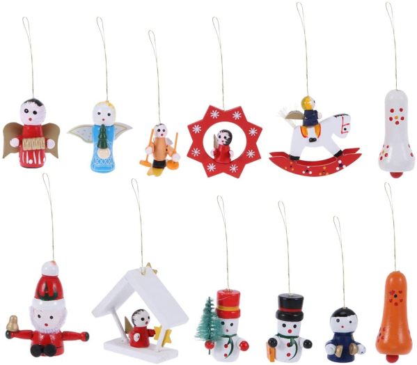 Toyvian Christbaumanhänger Holz Weinachtsmotiv Engel Weihnachtsmann Figur Puppe Weihnachtsbaum Anhänger 12 Stück