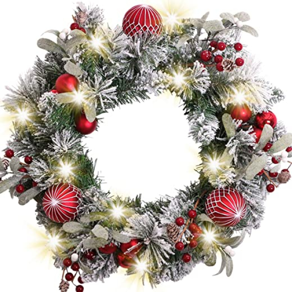 VALERY MADELYN Weihnachtskranz 45cm mit 20 LED Beleuchtet batteriebetrieben Türkranz Adventskranz aus PVC mit Timer Funktion Weihnahctskugeln…