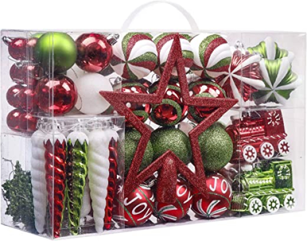 Valery Madelyn Weihnachtskugeln 100 TLG 3-20cm Kunststoff Christbaumkugeln zur Weihnachtsdekoration mit Weihnachtsbaumspitze und Aufhänger…