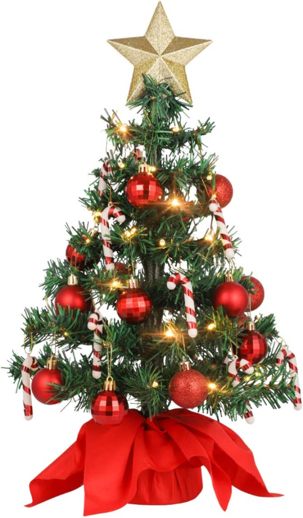 VALICLUD Künstlicher Mini-Weihnachtsbaum mit Ornamenten und LEDs, 53 cm