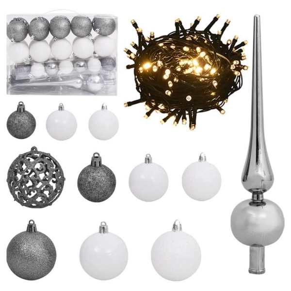 vidaXL Christbaumschmuck »61-tlg Weihnachtskugel-Set mit Spitze und 150 LEDs Weiß Grau«