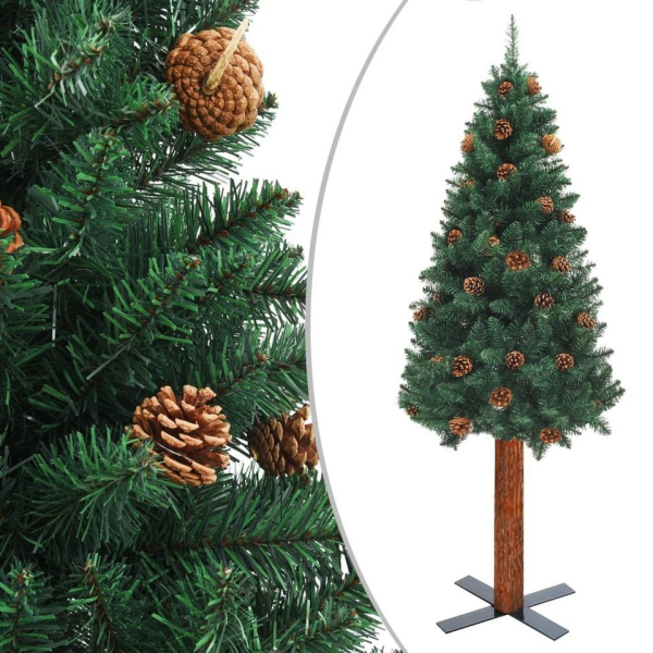 vidaXL Künstlicher Weihnachtsbaum »Schlanker Weihnachtsbaum mit Echtholz und Zapfen Grün 180cm PVC«
