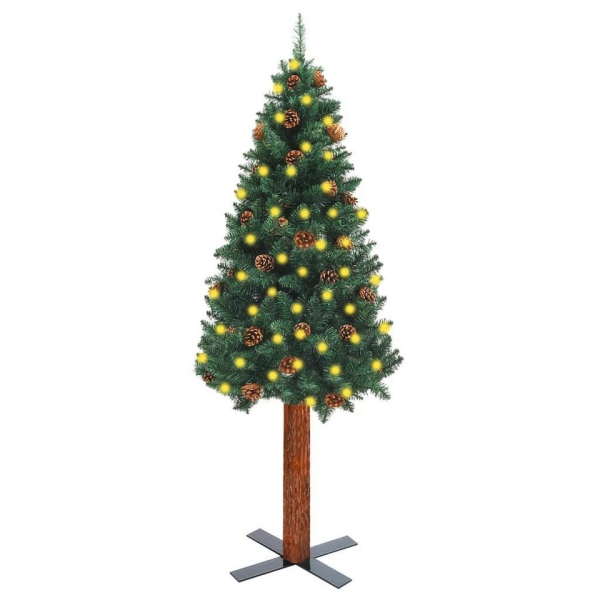 vidaXL Künstlicher Weihnachtsbaum »Weihnachtsbaum Schmal mit LEDs & Echtholz & Zapfen Grün 150 cm«