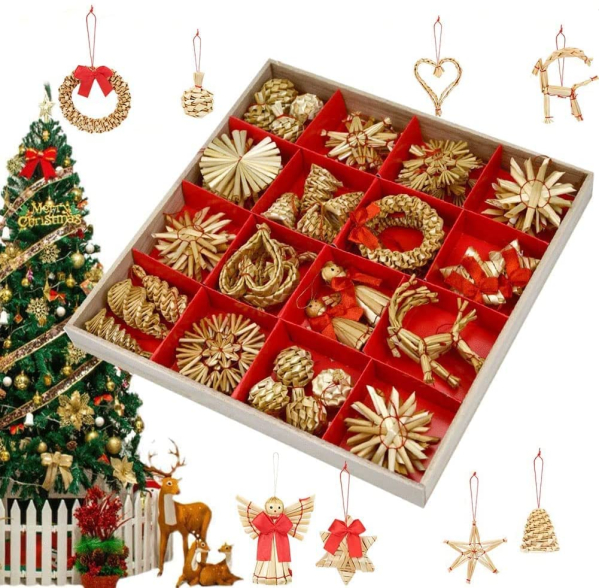 Weihnachtsanhänger Christbaum Deko, 56-teiliges Weihnachtsverzierungen Aus, Christbaumschmuck Strohanhänger, Weihnachten Anhänger Natürlicher…