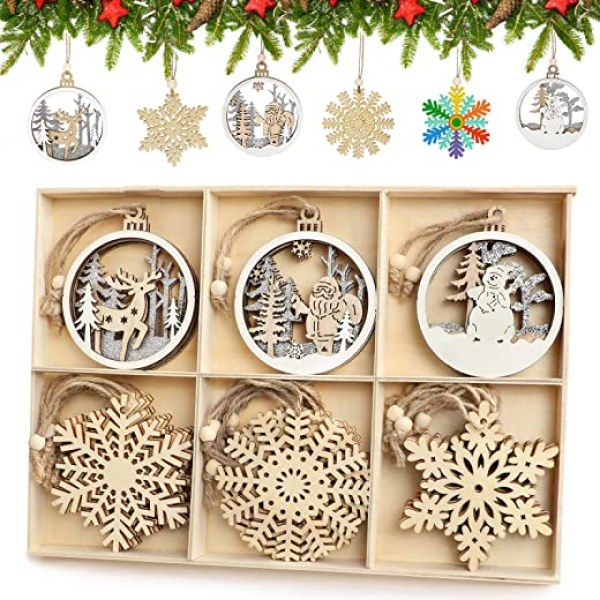 Weihnachtsbaumschmuck Holz, AmzKoi 24 Stück Christbaumschmuck Holz Mit Hanfseil und Beweglichen Holzperlen, 6 Designs Schneemann Weihnachtsmann…