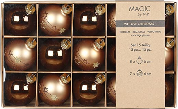 Weihnachtskugeln Glas 6cm x 15 Stück in Kartonbox Christbaumkugeln braun beige Mix Elegant Lounge