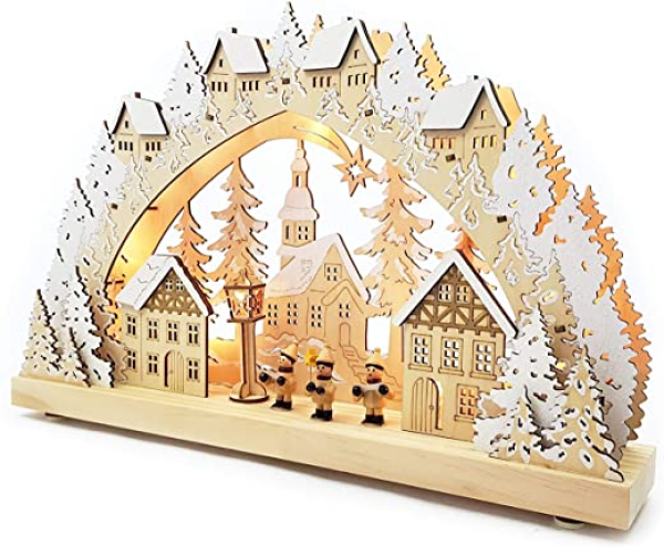 Wichtelstube-Kollektion Echtholz LED Schwibbogen mit Timer Weihnachtsdorf im Erzgebirge Original Leuchter Schwippbogen Lichterbogen