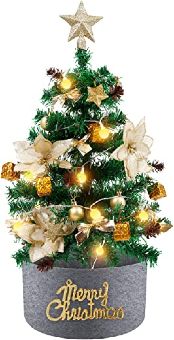 Winthai Mini Weihnachtsbaum 60cm, Kleiner Weihnachtsbaum mit Beleuchtung LED, Goldene Blume, Baumschürze, Tannenzapfen, Stern, usw. Mini Tannenbaum…