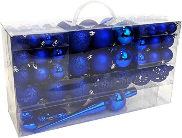 Wohaga 105 Stück Weihnachtskugeln ‚Glamour‘ Christbaumkugeln Baumschmuck Weihnachtsbaumschmuck Baumkugeln, Farbe:Blau