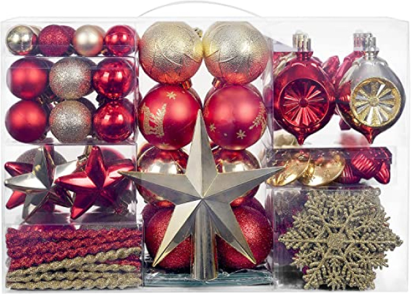 YILEEY Weihnachtskugeln Weihnachtsdeko Set Rot und Gold 136 STK in 23 Farben, Kunststoff Weihnachtsbaumkugeln Box mit Aufhänger Christbaumkugeln…