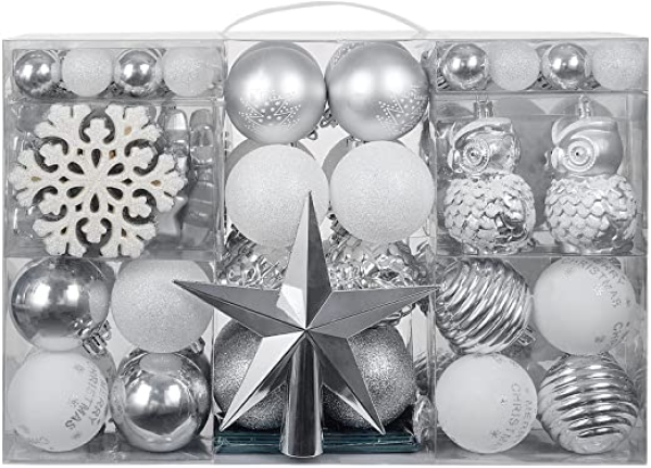 YILEEY Weihnachtskugeln Weihnachtsdeko Set Silber und Weiß 136 STK in 22 Farben, Kunststoff Weihnachtsbaumkugeln Box mit Aufhänger Christbaumkugeln…