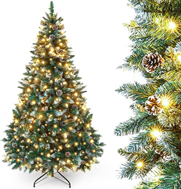 Yorbay künstlicher Weihnachtsbaum mit Beleuchtung und weißem Schnee, LED Tannenbaum für Weihnachten-Dekoration mit echten Tannenzapfen,…