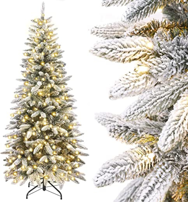 Yorbay Künstlicher Weihnachtsbaum Slim mit Beleuchtung LED Tannenbaum für Weihnachten-Dekoration, Schneebeflockt, Schmal, Weiß, 210cm